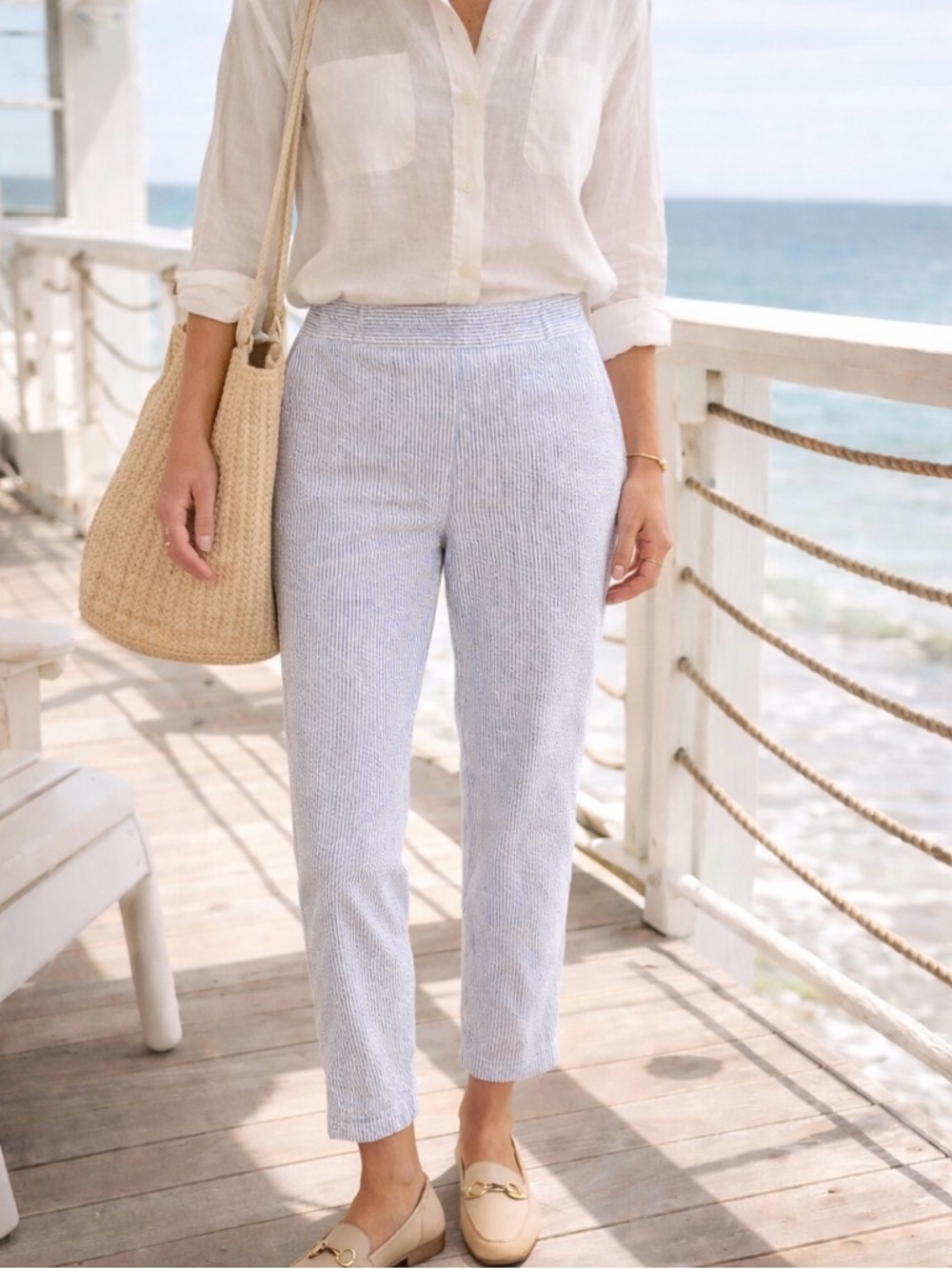 SOLD Talbots Blue White Seersucker Stripe Ankle Pants High Rise Coastal  12 - Picture 2 of 8